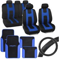 BDK Rome Sport Seat Covers & Floor Mats - Blue on Black Poly Cloth w/ Stitched Synthetic Leather Steering Wheel Cover