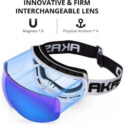  AKASO OTG Ski Goggles, Snowboard Goggles, Mag-Pro Magnetic Interchangeable Lenses, Anti-Fog, 100% UV Protection, Helmet Compatible, Snow Goggles for Men & Women, Free Balaclava Ski