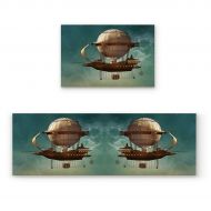 CHARMHOME Kitchen Rugs and Mats Set Steampunk Airship in The Sky 2 Piece Floor Carpet Non-Slip Rubber Backing Doormat Runner Rug Set