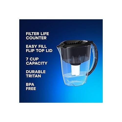  AQUAPHOR Ideal 7-Cup Water Filter Pitcher - Black with 1 x B15 Filter - Fits in The Fridge Door - Reduces Limescale and Chlorine - Ideal for Seven Cups