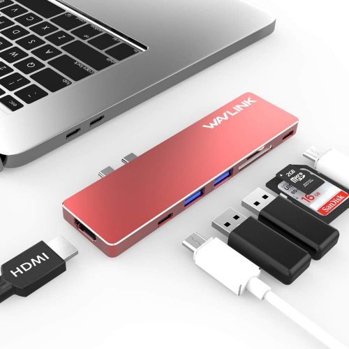  WAVLINK USB C Hub Adapter for MacBook Pro 20162017,Wavlink Pass-Through Charging PD Hub Adapter,Dual Type C Port Aluminum Hub for Mac with 4K HDMI, SDMicro SD Card Reader,USB3.0 Dual (Si