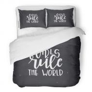 Emvency Bedding Duvet Cover Set Artistic Girls Rule The World Conceptual Phrase Hand Lettered Calligraphic Inspirational Chalkboard 3 Piece King 104x90 Quilt Cover with Zipper Clos