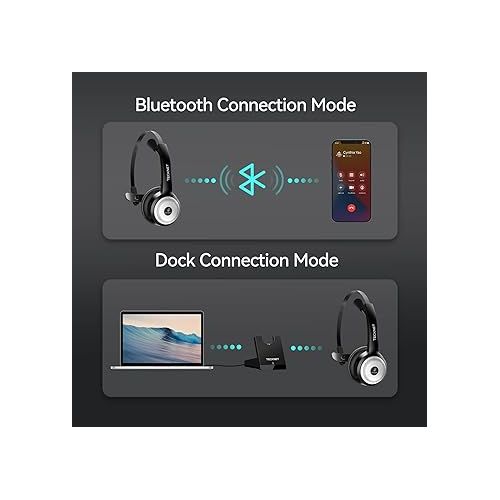  TECKNET Bluetooth Wireless Headset with Mic for Work, AI Noise Cancelling Microphone and Charging Base for Laptop, On Ear Bluetooth Headphone Telephone Headset for PC, Cell Phone, Skype, Zoom (Black)