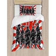 Ambesonne Japanese Duvet Cover Set, Group of Samurai Ninja Posing and Getting Ready on Unusual Striped Retro Backdrop, Decorative 2 Piece Bedding Set with 1 Pillow Sham, Twin Size,