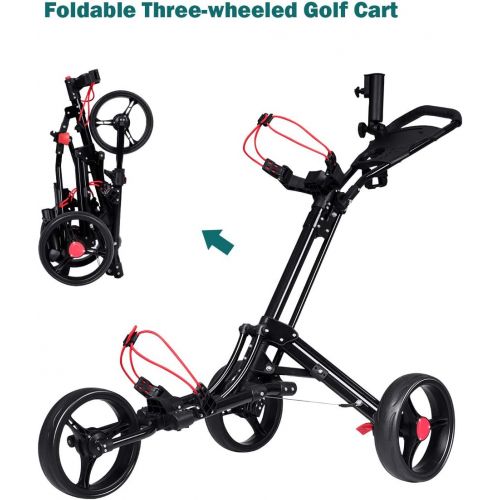  [아마존베스트]Tangkula Golf Push Cart, 3 Wheels Foldable Hand Cart, Easy Push and Pull Cart Trolley with Umbrella and Tee Holder, Quick Open and Close Golf Pull Cart