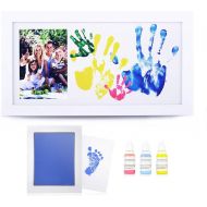 NWK DIY Family Photo + Family Hand/Footprints Kit with 10 X 17inch Elegant White Wood Picture Frame, Ink Pad, Non-Toxic Watercolor Paints, Registry Keepsakes Baby Shower Gift