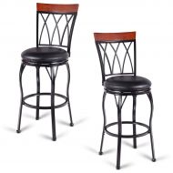 COSTWAY Vintage Bar Stools Swivel Comfortable Leather Padded Seat Bistro Dining Kitchen Pub Metal Seat Height Barstools Chairs (Set of 2 with 2 Set of Feet Caps)