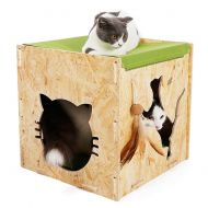 AOFITEE Wooden Pet Cat House Condo with Detachable Roof & Removable Cushion, Indoor Outdoor Cat Cube Shelter Durable Kitty Hiding Place Cat Cave