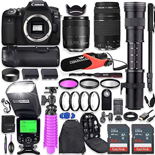 캐논 Canon EOS 90D DSLR Camera Kit with Canon 18-135mm & 75-300mm Lenses + 420-800mm Telephoto Zoom Lens + Battery Grip + TTL Flash (Upto 180 Ft) + Commander Microphone + 128GB Memory +