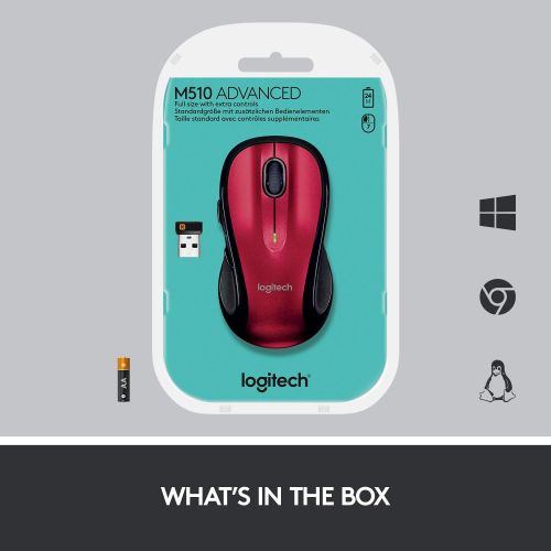 로지텍 [아마존베스트]Logitech M510 Wireless Computer Mouse  Comfortable Shape with USB Unifying Receiver, with Back/Forward Buttons and Side-to-Side Scrolling, Red