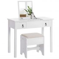VASAGLE Vanity Set with Flip Top Mirror Makeup Dressing Table Writing Desk with 2 Drawers Cushioned Stool 3 Removable Organizers Easy Assembly, White URDT01WT