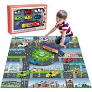 TEMI Diecast Racing Cars Toy Set w/ Activity Play Mat, Truck Carrier, Alloy Metal Race Model Car & Assorted Vehicle Play Set for Kids, Boys & Girls