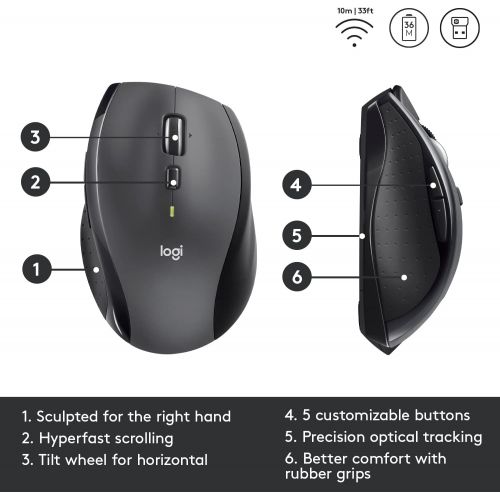 로지텍 [아마존베스트]Logitech M705 Wireless Marathon Mouse for PC - Long 3 Year Battery Life, Ergonomic Shape with Hyper-Fast Scrolling and USB Unifying Receiver for Computer and Laptop - Black
