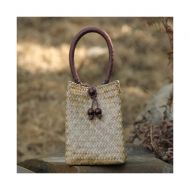 QTKJ Hand-woven Mini Retro Straw Handbag Bag Summer Beach Boho Rattan Tote Travel Bag with Wood Beaded Tassel Pendant (Beige)