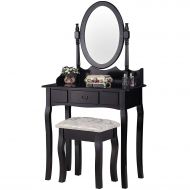 Mecor Makeup Vanity Table Set/Oval Mirror,Wood Dressing Table w/Drawer Storage&Cushioned Stool for Girls Women Bedroom Furniture Black