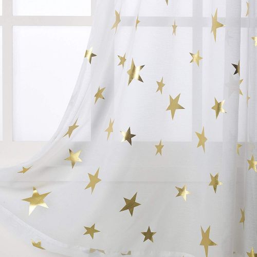  [아마존베스트]Anjee White Sheer Curtains with Golden Star Foil Printed Pattern 2 Panels Set 63 inch Length Rod Pocket Voile Semi Sheer Drapes for Kids Bedroom Living Room