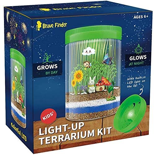  [아마존베스트]Brave Finder Light up Terrarium Kit for Kids with Colorful LED on Lid - Kids Birthday Educational Gifts for Boys & Girls Mini Garden in a Jar Great Science Kits - Gardening Gifts for Children -