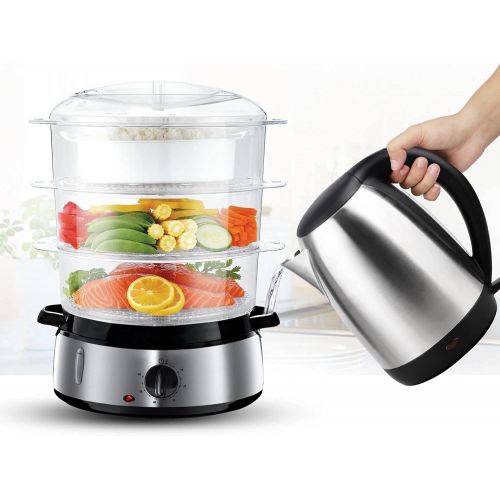  A/C Food Steamer For Cooking, 800W Electric Vegetable BPA-Free with Timer and 3 Tier Stackable Baskets, Pot Cooker Built-in Egg Holders Rice Bowl, 9.5 Quart, White, 4401, 10.74x10.