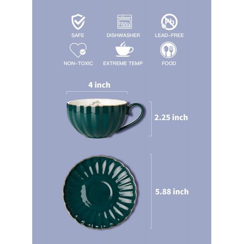  [아마존베스트]Amazingware Royal Tea Cups and Saucers, with Gold Trim and Gift Box, British Coffee Cups, Porcelain Tea Set, Set of 6 (8 oz)- Dark Green