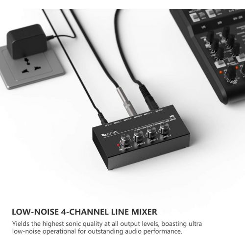  FIFINE TECHNOLOGY FIFINE Ultra Low-Noise 4-Channel Line Mixer for Sub-Mixing,4 Stereo Channel Mini Audio Mixer with AC adapter.Ideal for Small Club or Bar. As Microphones,Guitars,Bass,Keyboards or S