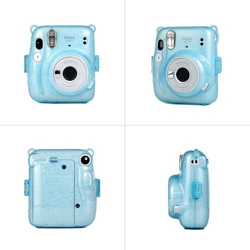  WOGOZAN Designed for Fujifilm Instax Mini 11 Instant Camera Anti-Scratch Glitter Clear Protective Case with Colored Shoulder Straps (Glitter Blue)