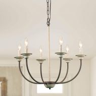 Log Barn 6 Lights Farmhouse Chandelier, Kitchen Island Pendant Light in Antique White and Rusty Metal Finish, 26 Medium French Country Shabby Chic Lighting for Foyer, A03239