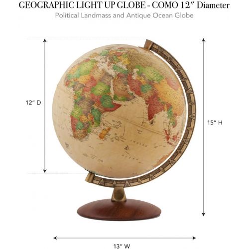  Waypoint Geographic Light Up Globe - Como 12” Desk Decorative Illuminated Antique Ocean Style with Stand, up to Date World Globe