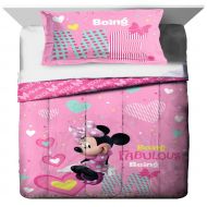 TN 2 Piece Kids Girls White Pink Minnie Mouse Comforter Twin/Full Set, Disney Black Girl Mickey Mouse Bedding Mini Polka Dot Bow Hearts Plaid Teal Blue Yellow, Polyester