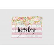 The Navy Knot Personalized Baby Blanket - Pink Floral Stripe - Frame - 30 X 40 - Plush Fleece Swaddle - Baby Girl Bedding - Cute Floral - Birth Announcement - Baby Shower Gift