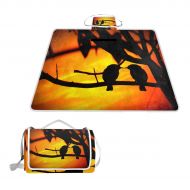 FunnyCustom Picnic Blanket Love Birds Kissing with Sunset Outdoor Blanket Portable Moisture Proof Picnic Mat for Beach Camping