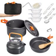 Overmont 1.95 Liter (Pot+ Kettle) Camping Cookware Set 1-2 Person Campfire Kettle Outdoor Cooking Mess Kit Pots Pan for Backpacking Hiking Picnic Fishing with Spork Knife Spoon