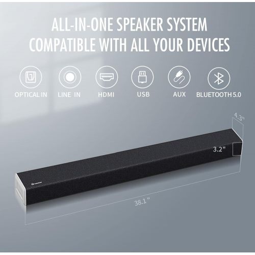  Wohome TV Soundbar with Built-in Subwoofers 38-Inch 120W Support HDMI-ARC, Bluetooth 5.0, AUX USB Inputs, 6 Drivers and LED Display, Surround Sound Bar Home Theater Speaker System