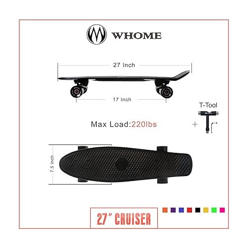  Skateboard for Adult/Kid Pro/Beginner - 27 Inch Cruiser Skateboard Complete for Cruising Commuting Rolling Around T-Tool Included