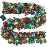 TURNMEON 9 Ft Prelit Artificial Christmas Garland Decor Timer 100 Lights 8 Modes Berry Snowy Bristle Pinecone Battery Operated Xmas Christmas Decoration Mantle Fireplace Home Indoo