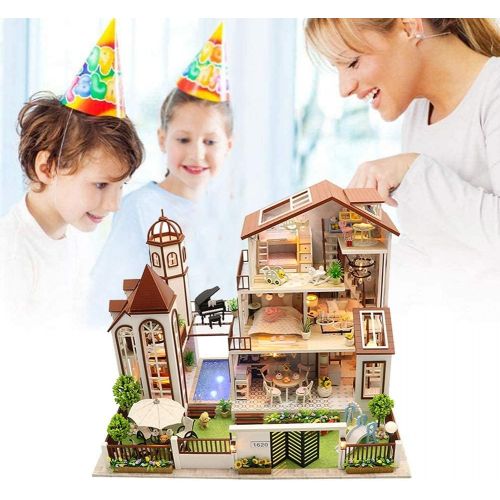  WYD Large Villa Assembly kit, Modern Architectural Model,Three/ Four-Story Doll House Wood, LED Lamp Furniture, for Gift Collection (Love You All The Way)