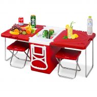 Giantex Multi Function Rolling Cooler Picnic Camping Outdoor w/Table & 2 Chairs Red