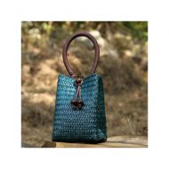 QTKJ Hand-woven Mini Retro Straw Handbag Bag Summer Boho Rattan Tote Travel Bag with Wooden Beaded Tassel Pendant (Blue)