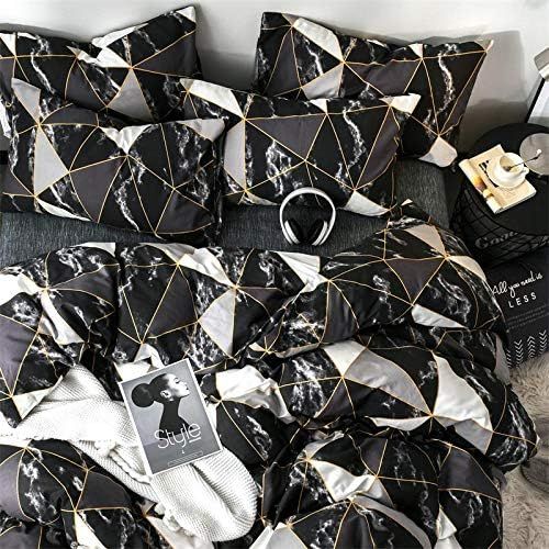  [아마존베스트]CLOTHKNOW Black Marble Comforter Sets Twin Black and White Plaid Bedding Sets Boys Girls Geometric Triangle Bed Sets 3Pcs Comforter Set with 2 Pillowcases Men Kids Bedding