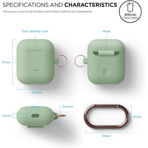  elago Silicone Case with Keychain Compatible with Apple AirPods Case 1 & 2, Front LED Visible, Supports Wireless Charging, Protective Silicone [Pastel Green]
