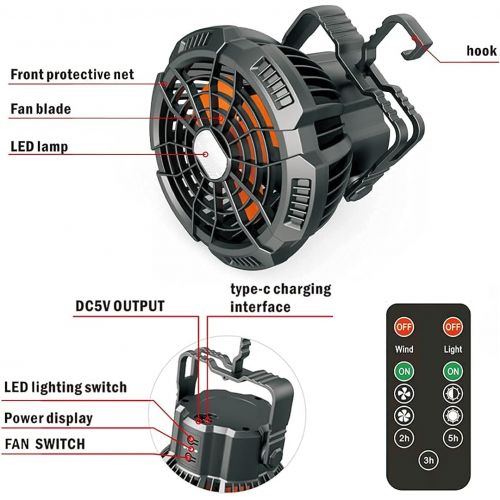  RUNTOP Camping Fan for Tent with LED Lantern, Rechargeable USB Fan with Remote Control, 180° Rotation, Quiet and Strong Wind, Portable Power Bank Fan for Outdoor Barbecue Picnic Fishing