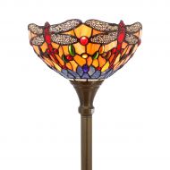 WERFACTORY Tiffany Style Torchiere Light Floor Standing Lamp Wide 12 Tall 66 Inch Orange Blue Stained Glass Crystal Bead Dragonfly Lampshade for Living Room Bedroom Antique Table Set S168 WER