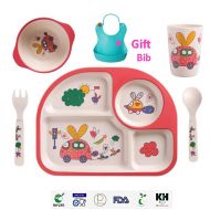 PFLife Bamboo Kids Tableware Set, 5Pcs Dinnerware Set Non Toxic Safe Children Toddler Dishes Divided Toddler Plates with Bib