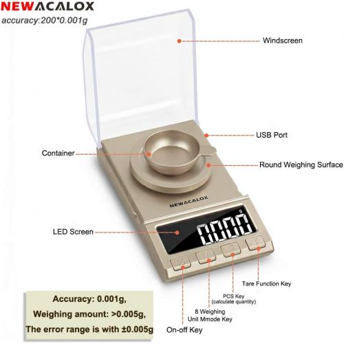  NEWACALOX 200G Digital Milligram Scale, High Sensitivity Small Portable Pocket Reloading Weighing Jewelry Power MG 200 x 0.001g Scale with 100g Calibration Weights Gold