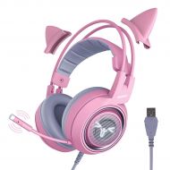 SOMIC G951pink Gaming Headset for PC, PS4, Laptop: 7.1 Virtual Surround Sound Detachable Cat Ear Headphones LED, USB, Lightweight Self-Adjusting Over Ear Headphones for Girlfriend