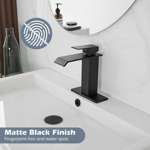  BWE Bathroom Faucet Matte Black Waterfall Single-Handle One Hole Commercial with Drain Assembly and Supply Hose Deck Mounted Lavatory Sink