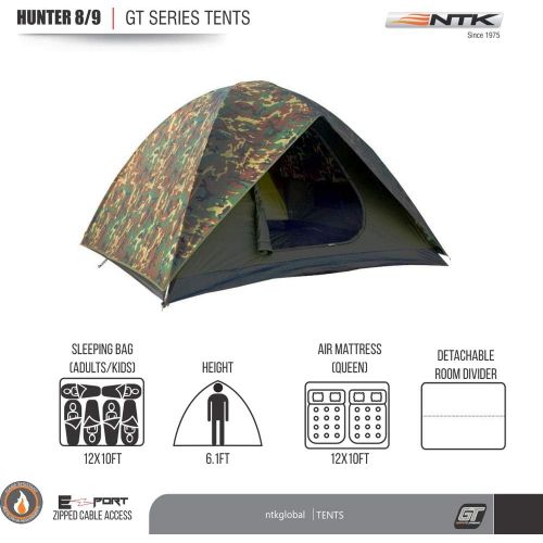  NTK HUNTER GT 8 to 9 Person 10 by 12 Foot Outdoor Dome Woodland Camo Camping Tent 100% Waterproof 2500mm, Easy Assembly, Durable Fabric Full Coverage Rain fly - Micro Mosquito Mesh