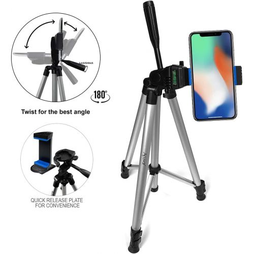  Acuvar 50 Inch Aluminum Camera Tripod with Quick Release + Universal Smartphone Mount for iPhone 12, iPhone 12 Mini, iPhone 12 Pro Max, iPhone 11 Pro, 11 Pro Max, Xs, SE 2, Xr, X,