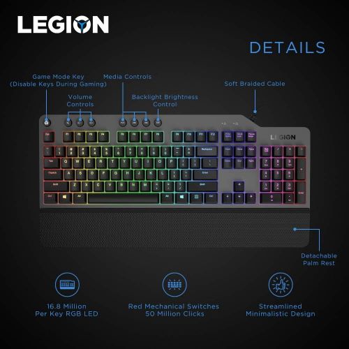 레노버 Lenovo GY40T26478 Legion K500 RGB Mechanical Gaming Keyboard, 3 ZONE Full-size Keyboard, 7 user Programmable Hot Keys; 16.8 Million Colors, 50 Million-Click Red Mechanical Keys, De