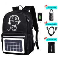 WIKISH Solar Luminous Backpack with Detachable Solar Panel & USB Charging Port & Power Bank & Anti-Theft Lock, Waterproof Anime Black School Bag Daypack Travel Laptop Bag 15.6 in Boys Gir