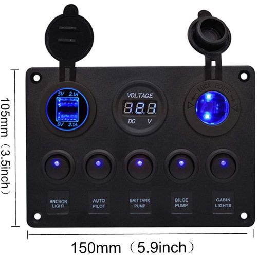  MASO Boat Multi-Functions Panel - 5 Gang ON-OFF Toggle Switch Panel,Dual USB Socket Charger 2.1A&2.1A + Cigarette Lighter + LED Voltmeter for Car Marine RV Truck Camper Vehicles GPS Mob